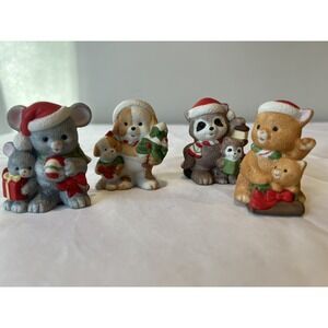 Vintage HOMCO Christmas Animal Figurines #5180 Set 4 Cat Mouse Dog Raccoon *READ